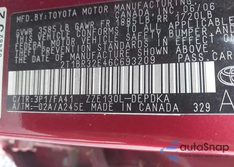 2006 Toyota Corolla Ce z USA, uszkodzony, nr VIN 2T1BR32E46C693209